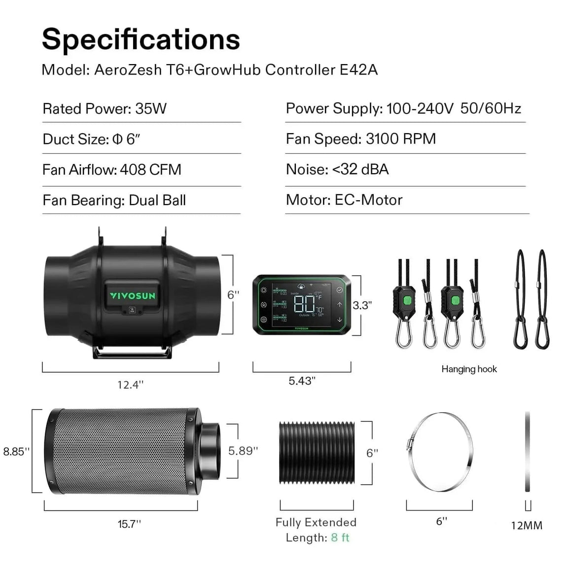 Vivosun AeroZesh T6+GrowHub E42A kit specs: fan, filter, controller, duct, hooks, clamps, and their dimensions.