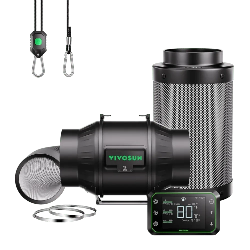 VIVOSUN AeroZesh ventilation kit with black inline fan, carbon filter, digital controller, and ducting.