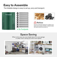 VIVOSUN green foldable rain barrel set-up details, leakage warning, and space-saving storage in garage and laundry.