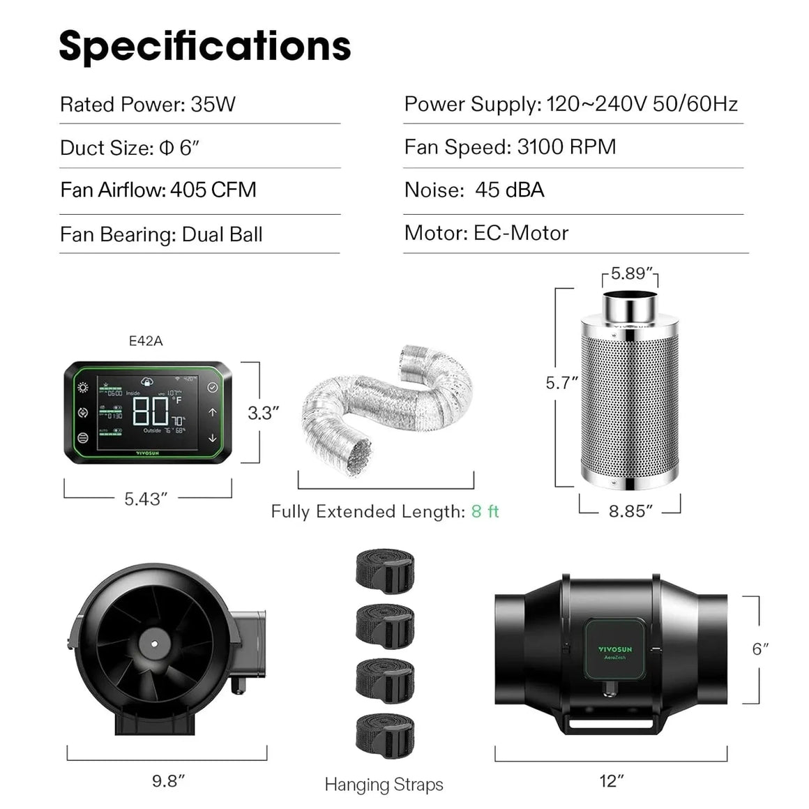 Specifications and dimensions for Vivosun 6-inch inline duct fan, carbon filter, smart controller, and flexible duct, showing power, airflow, noise.