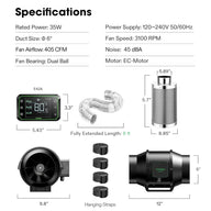 Specifications and dimensions for Vivosun 6-inch inline duct fan, carbon filter, smart controller, and flexible duct, showing power, airflow, noise.