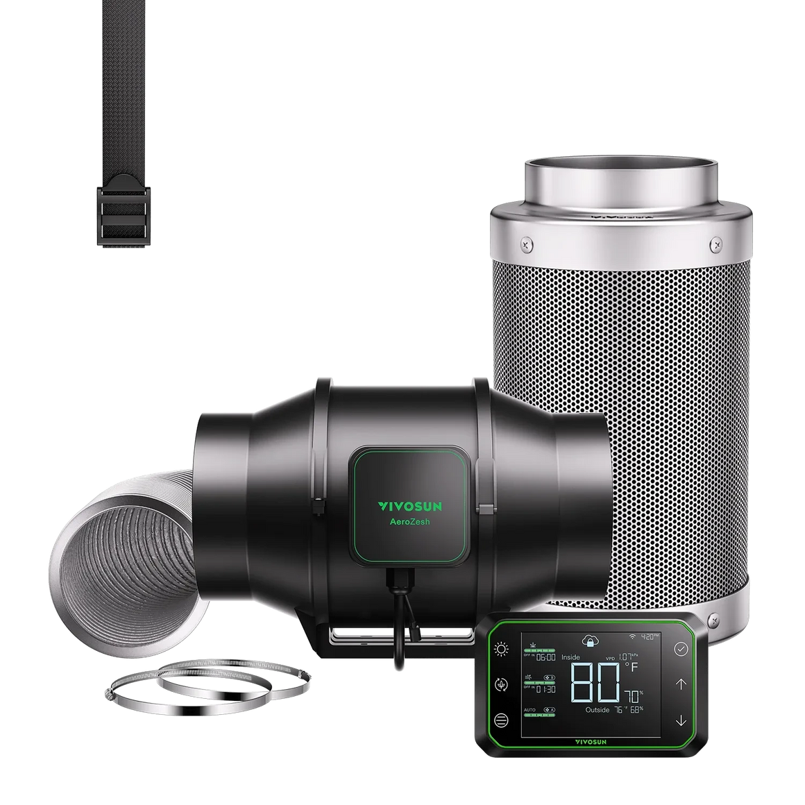Vivosun Smart Air Filtration Kit Pro S6E42A: black fan, silver carbon filter, green digital controller, ducting, clamps, strap.