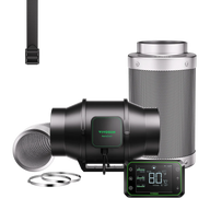 Vivosun Smart Air Filtration Kit Pro S6E42A: black fan, silver carbon filter, green digital controller, ducting, clamps, strap.