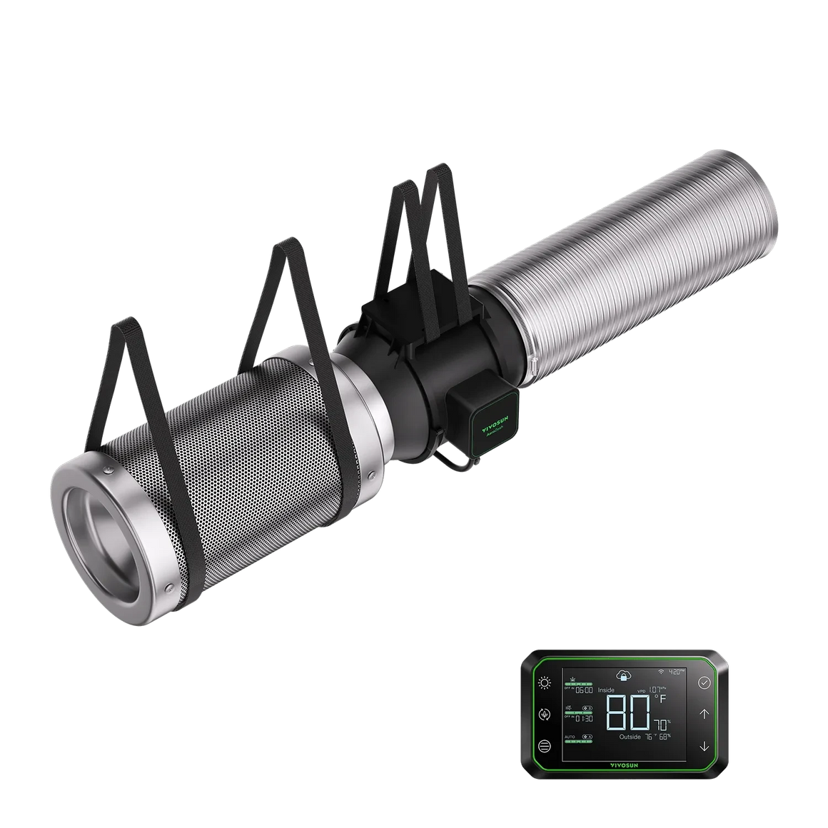 Vivosun Smart Air Filtration Kit with inline duct fan, mesh filter, corrugated silver duct, and digital controller.