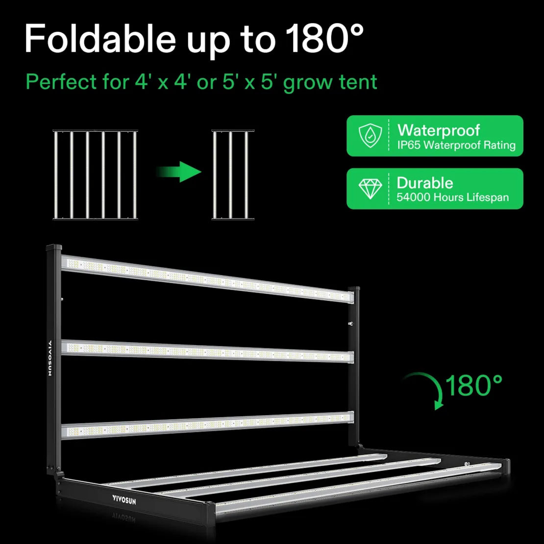 Vivosun VSFL6450 foldable LED grow light, shown folding 180°. Waterproof, durable for 4x4/5x5 grow tents.