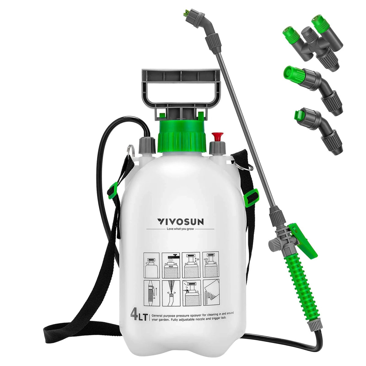 Vivosun 4-liter white and green pressure sprayer with adjustable nozzle, trigger lock, and multiple spray head attachments.