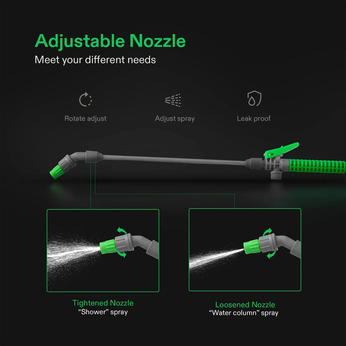 Vivosun pressure sprayer nozzle adjusts spray pattern from shower to water column.