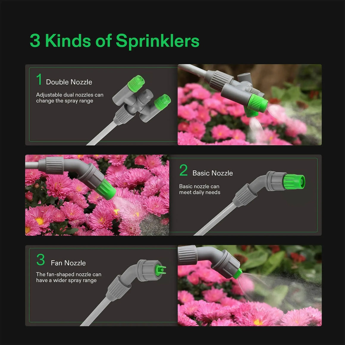 Three types of spray nozzles: double, basic, and fan, shown spraying pink flowers.