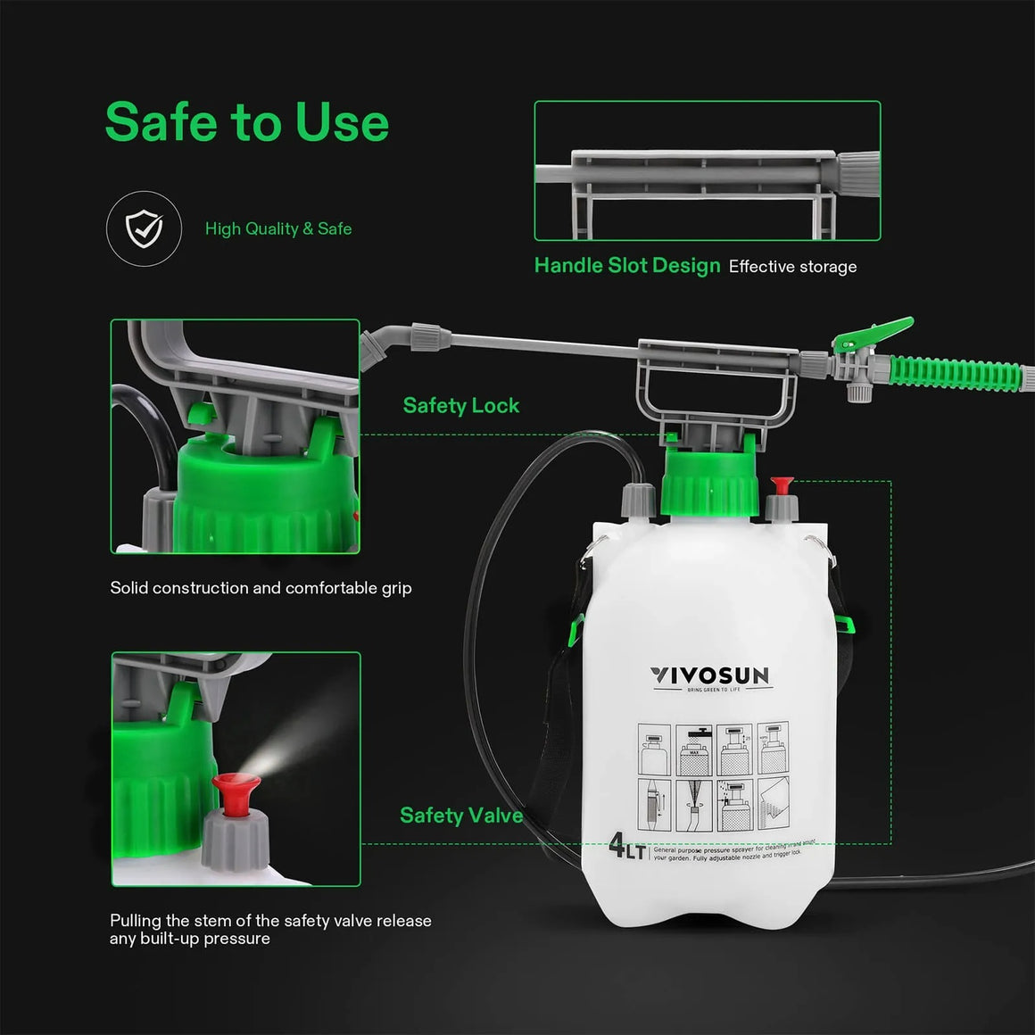 Vivosun 1.3 Gallon pressure sprayer, featuring safety lock, handle slot for storage, and safety valve for pressure release.