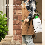 A person in an apron uses a white Vivosun 4L pressure sprayer to water plants near a brick wall.