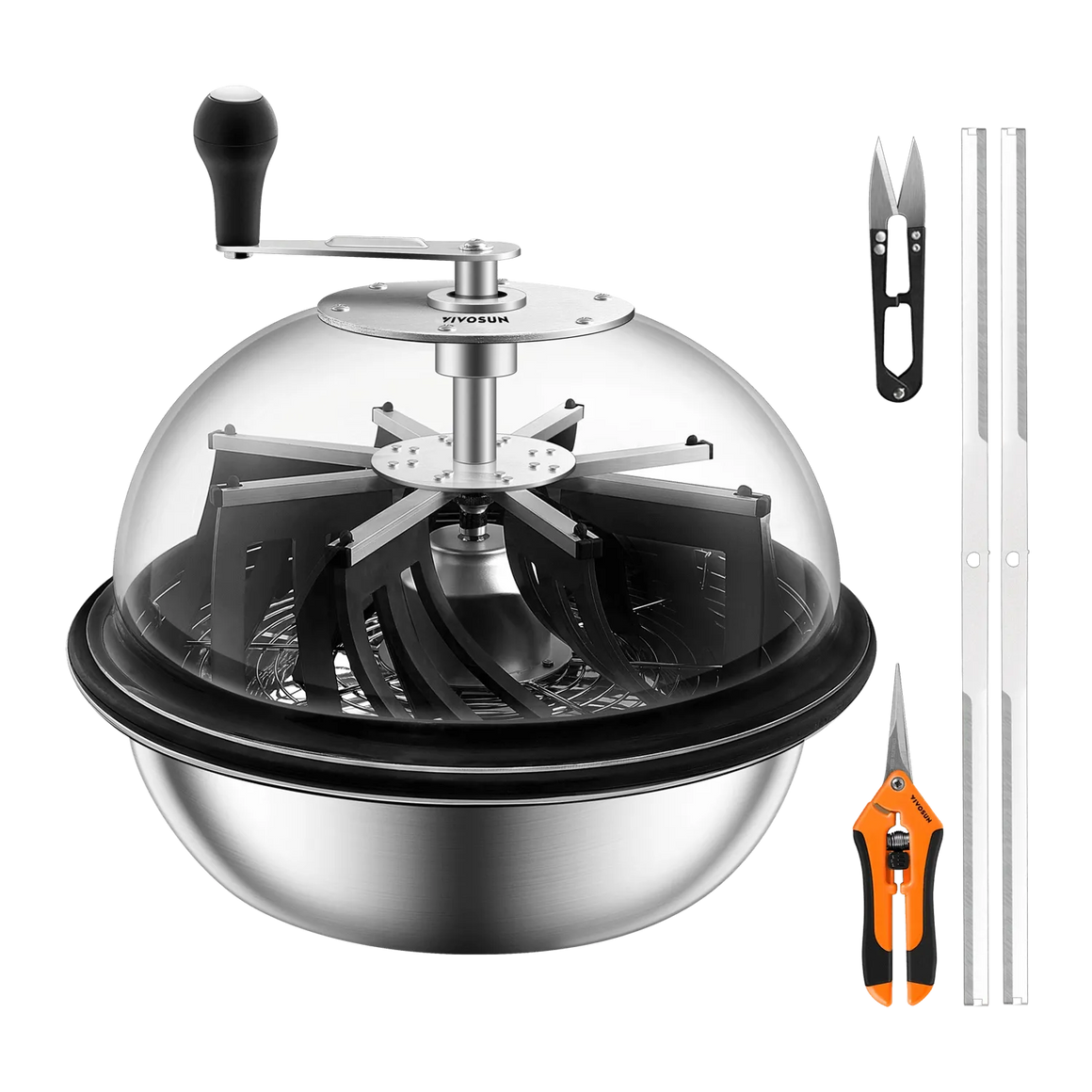 Vivosun 16-inch bowl trimmer with crank, precision scissors, and replacement blades.