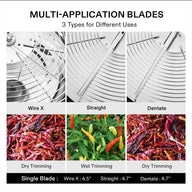VIVOSUN 16in bowl trimmer, 3 multi-application blades: Wire X, Straight, and Dentate, with dry and wet trimming examples.