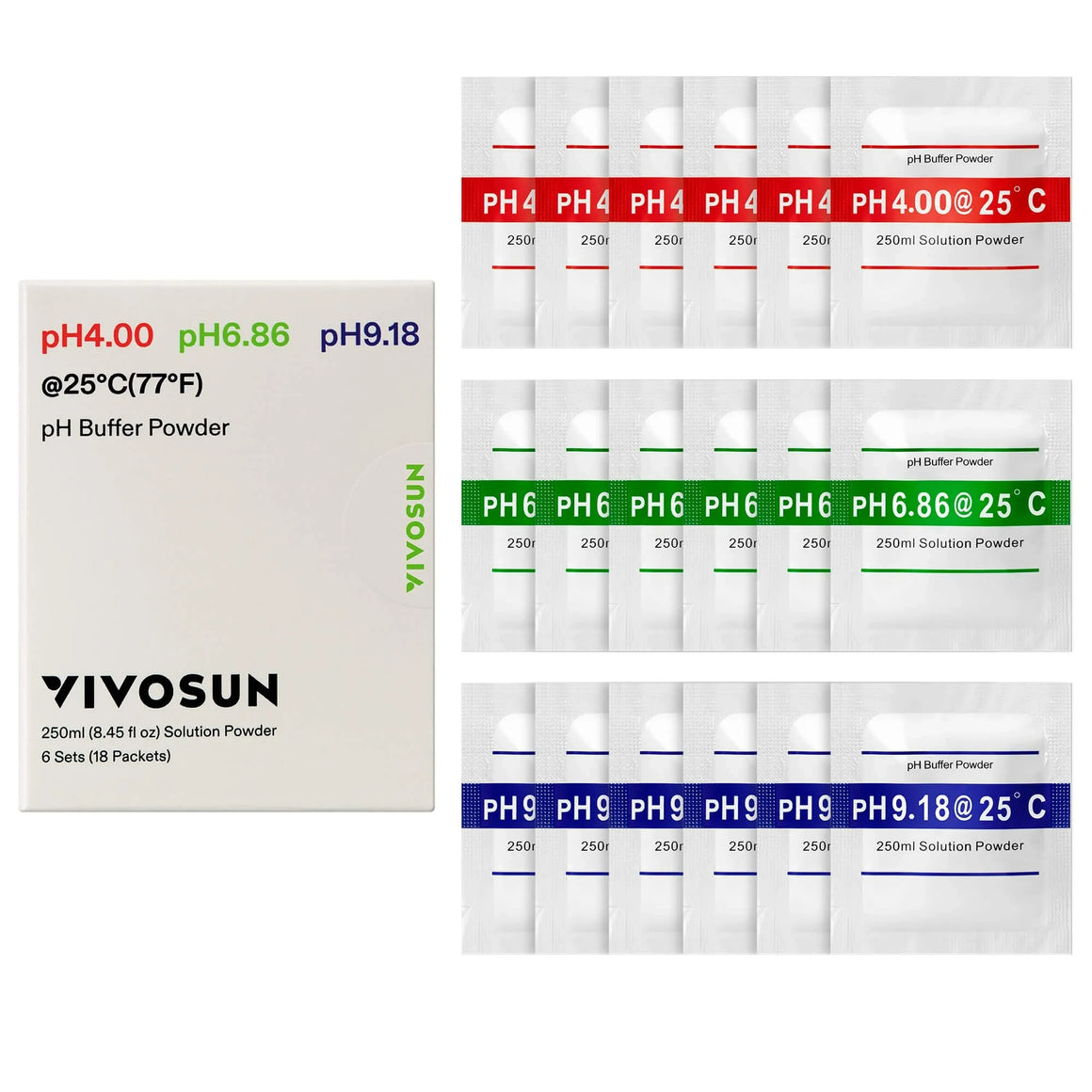 VIVOSUN pH meter buffer powder packets: pH 4.00, pH 6.86, pH 9.18. 18 packets.