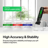 VIVOSUN pH meter in water with buffer powder packets and text: 