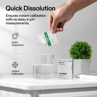 Vivosun pH meter buffer powder packet dissolving in water for quick calibration.