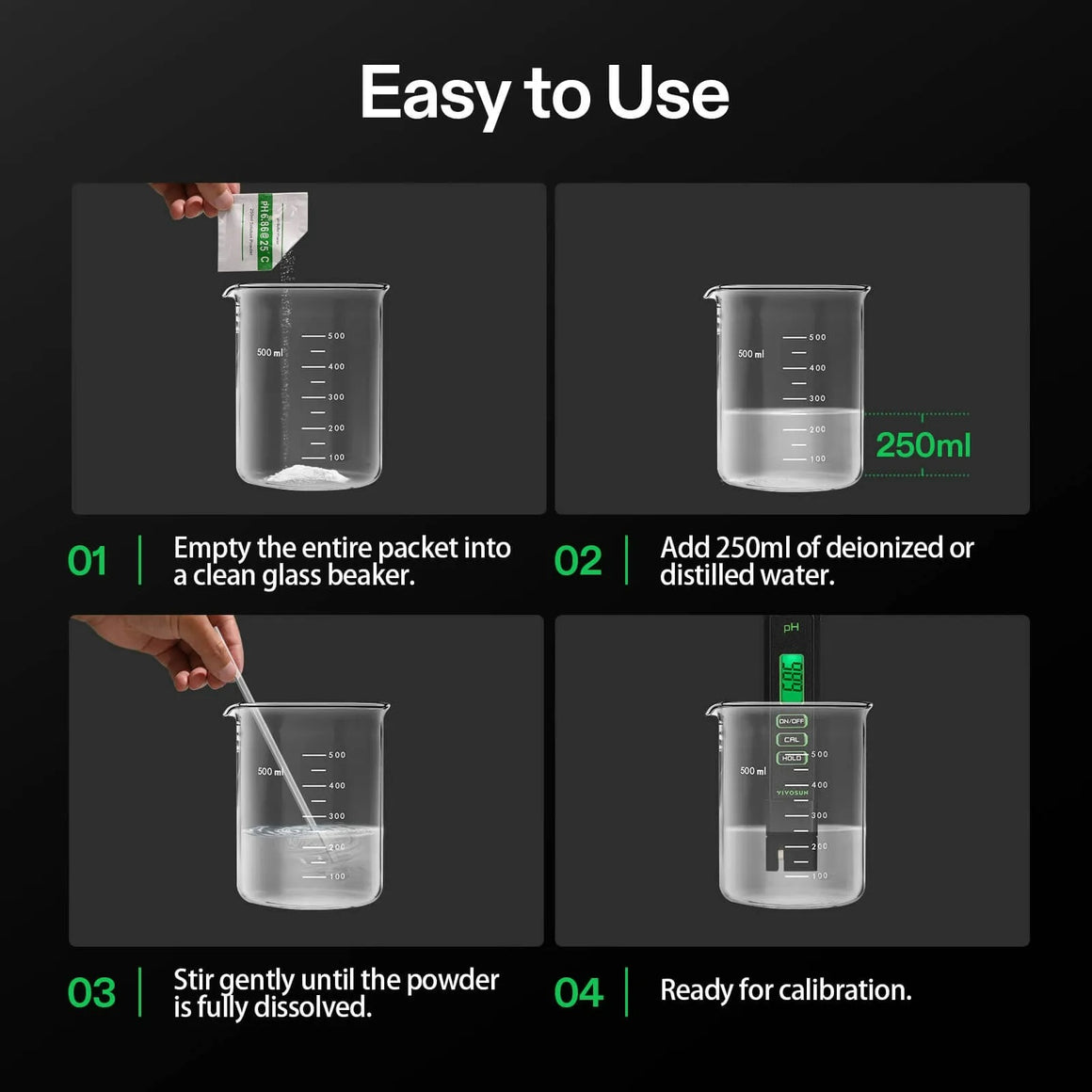 Vivosun pH meter calibration: 4 steps showing adding powder to beaker, adding water, stirring, and pH meter ready.