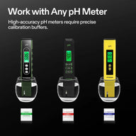 Three VIVOSUN pH meters (green, black, yellow) in glasses of water with calibration buffer packets.