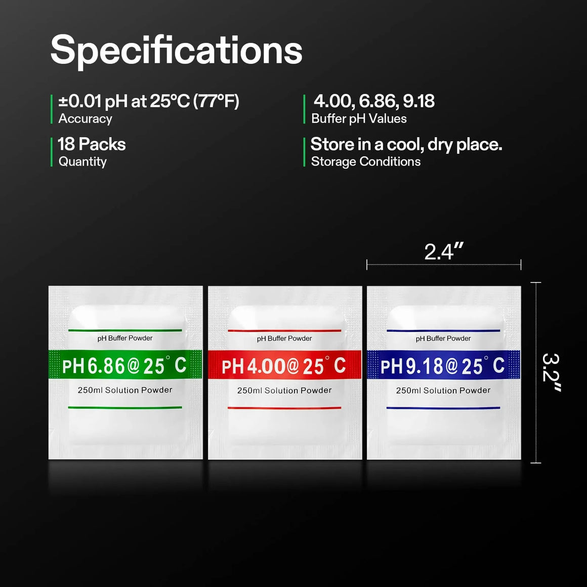 Vivosun pH meter buffer powder packs: pH 6.86, 4.00, 9.18. Accuracy +/-0.01. 18 packs.