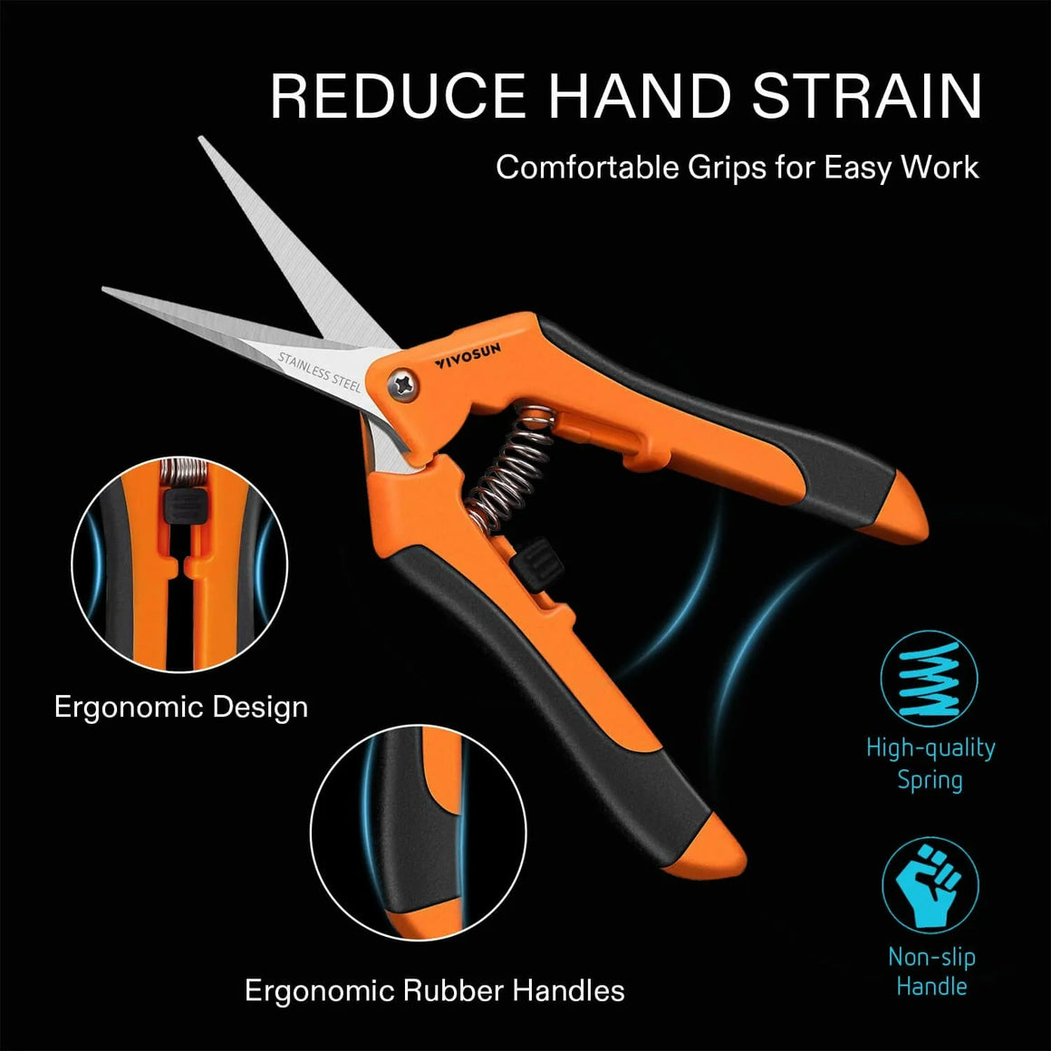 VIVOSUN orange stainless steel pruning shears with ergonomic rubber handles and spring.