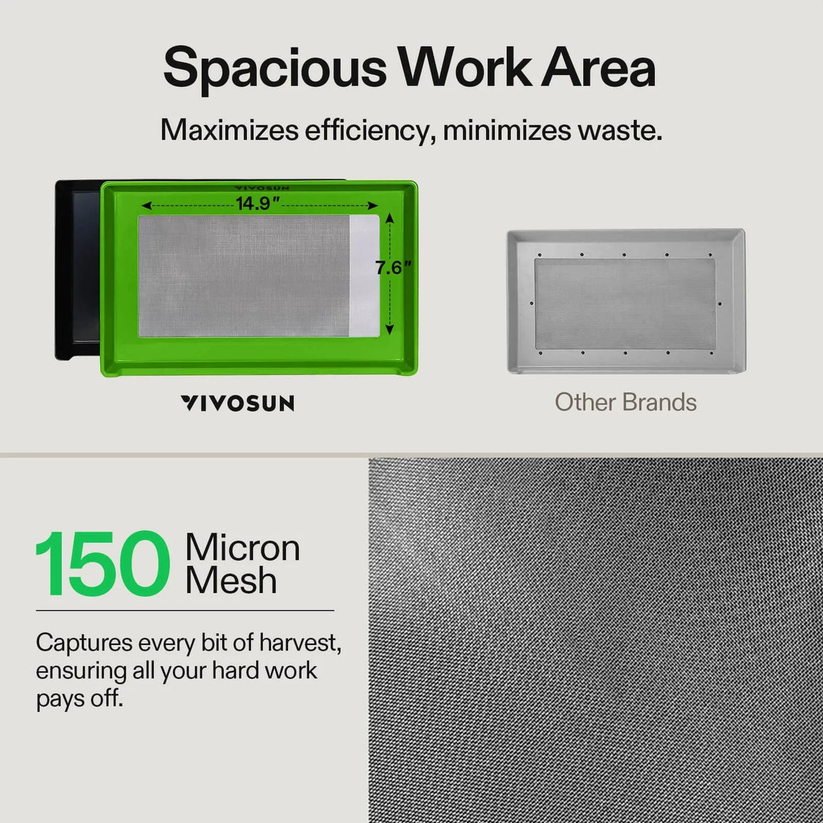 VIVOSUN green trimming tray with 14.9" x 7.6" work area, featuring 150 micron mesh.
