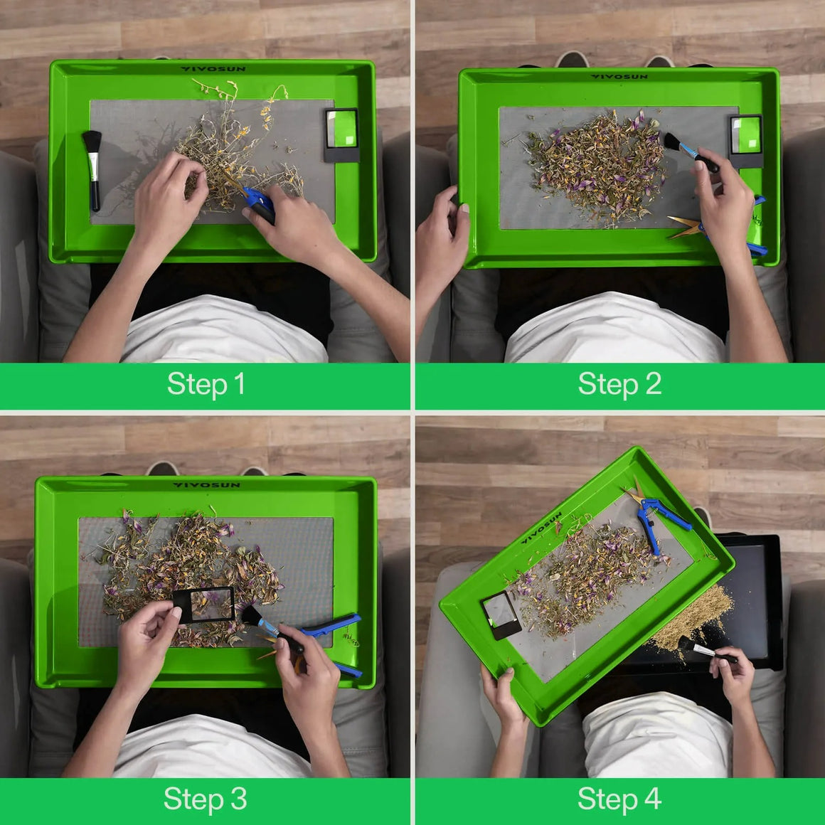 Green Vivosun 2-in-1 trimming tray kit with screen, collection bin, scissors, and brush. Four steps shown.