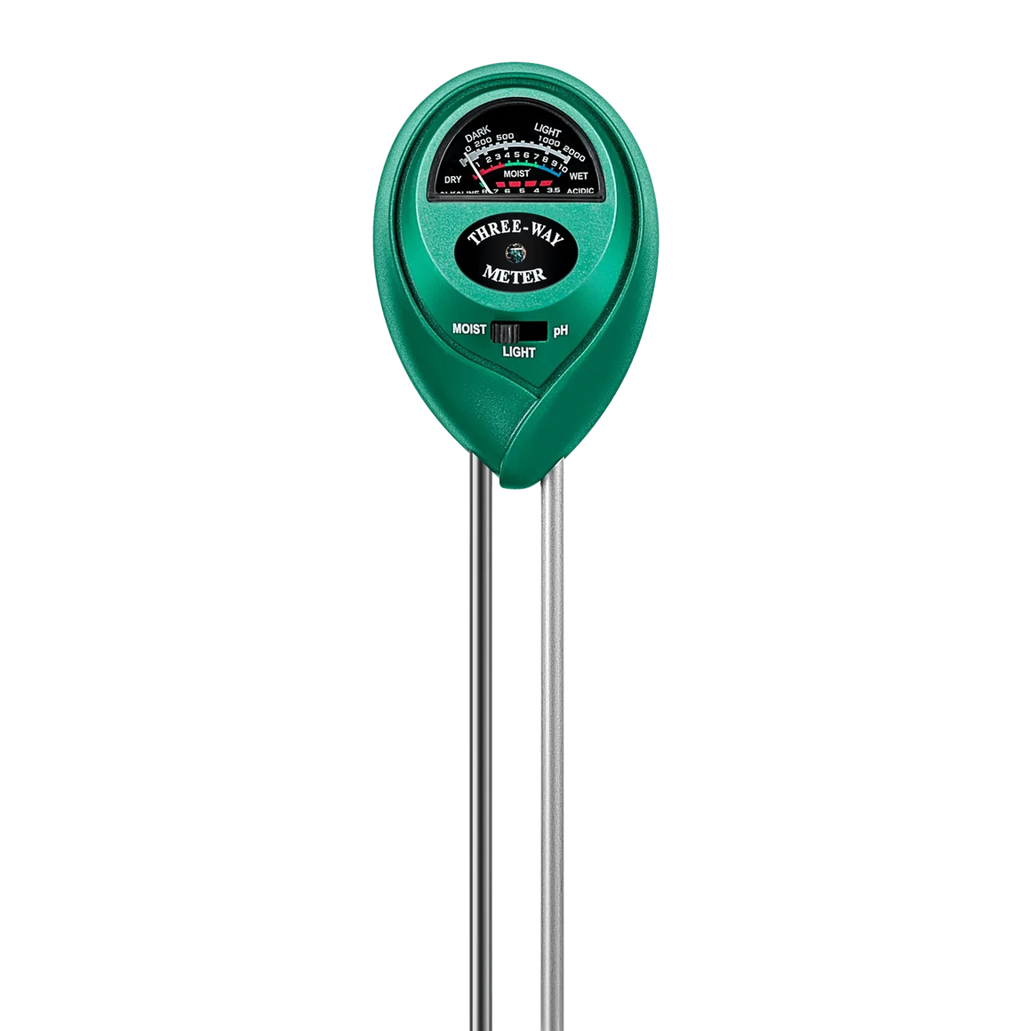 Green 3-in-1 soil tester measures moisture, pH, and light with a dial gauge against a black background.
