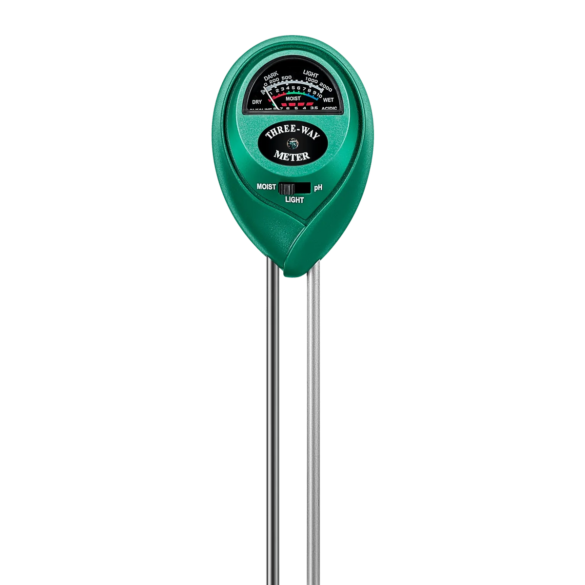 Green 3-in-1 soil tester measures moisture, pH, and light with a dial gauge against a black background.