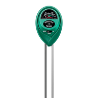 Green 3-in-1 soil tester measures moisture, pH, and light with a dial gauge against a black background.