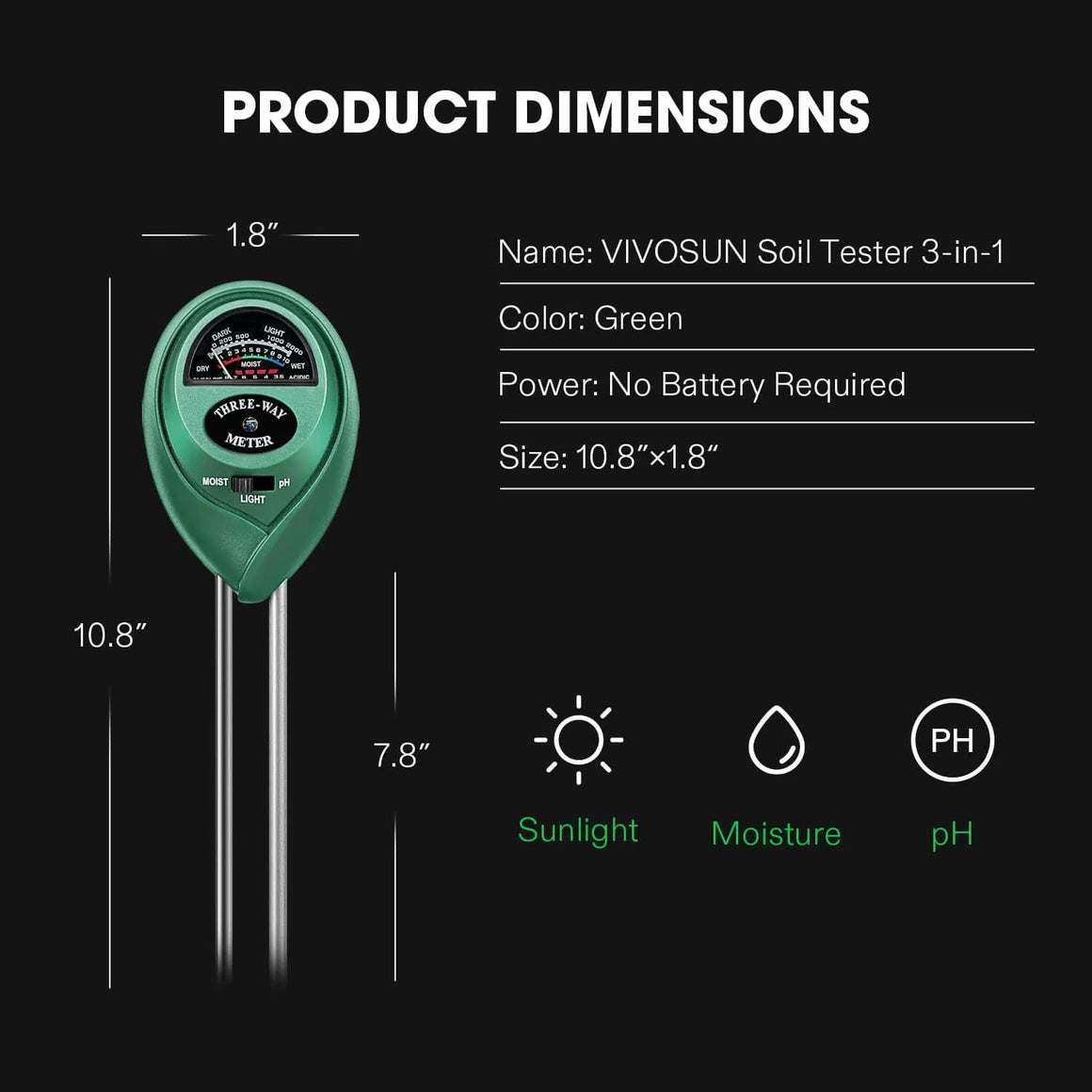 VIVOSUN 3-in-1 green soil tester measures sunlight, moisture, and pH. 10.8" x 1.8" dimensions.