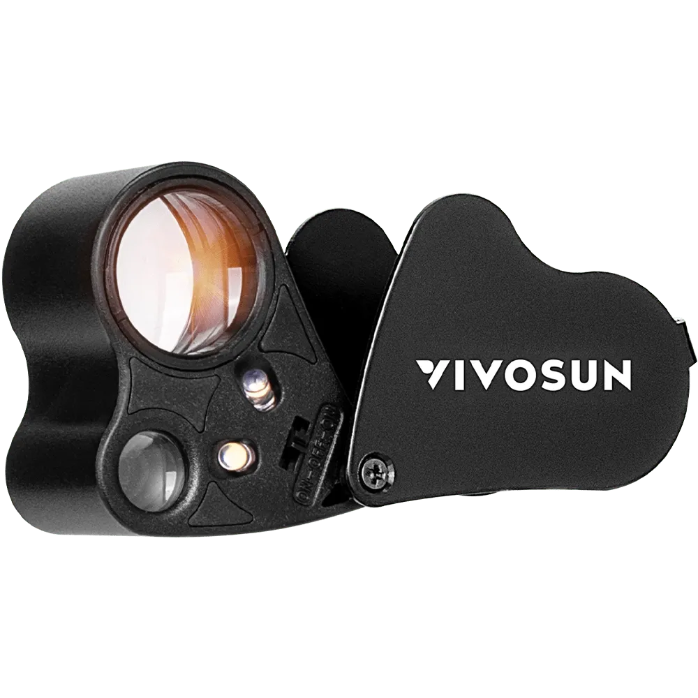 Vivosun 30X-60X jeweler's loupe magnifier with LED light. Black, foldable design.