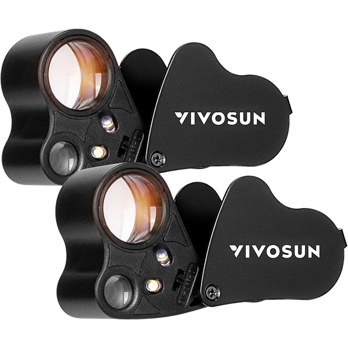 Two VIVOSUN 30X-60X jewelers loupes with LED lights and protective covers, perfect for detailed inspection.