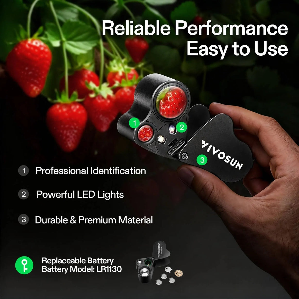 Vivosun 30X-60X jeweler's loupe with LED lights, held in a hand, examining a strawberry. Features listed: Professional Identification, Powerful LED Lights, Durable & Premium Material, Replaceable Battery LR1130.