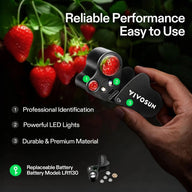 Vivosun 30X-60X jeweler's loupe with LED lights, held in a hand, examining a strawberry. Features listed: Professional Identification, Powerful LED Lights, Durable & Premium Material, Replaceable Battery LR1130.