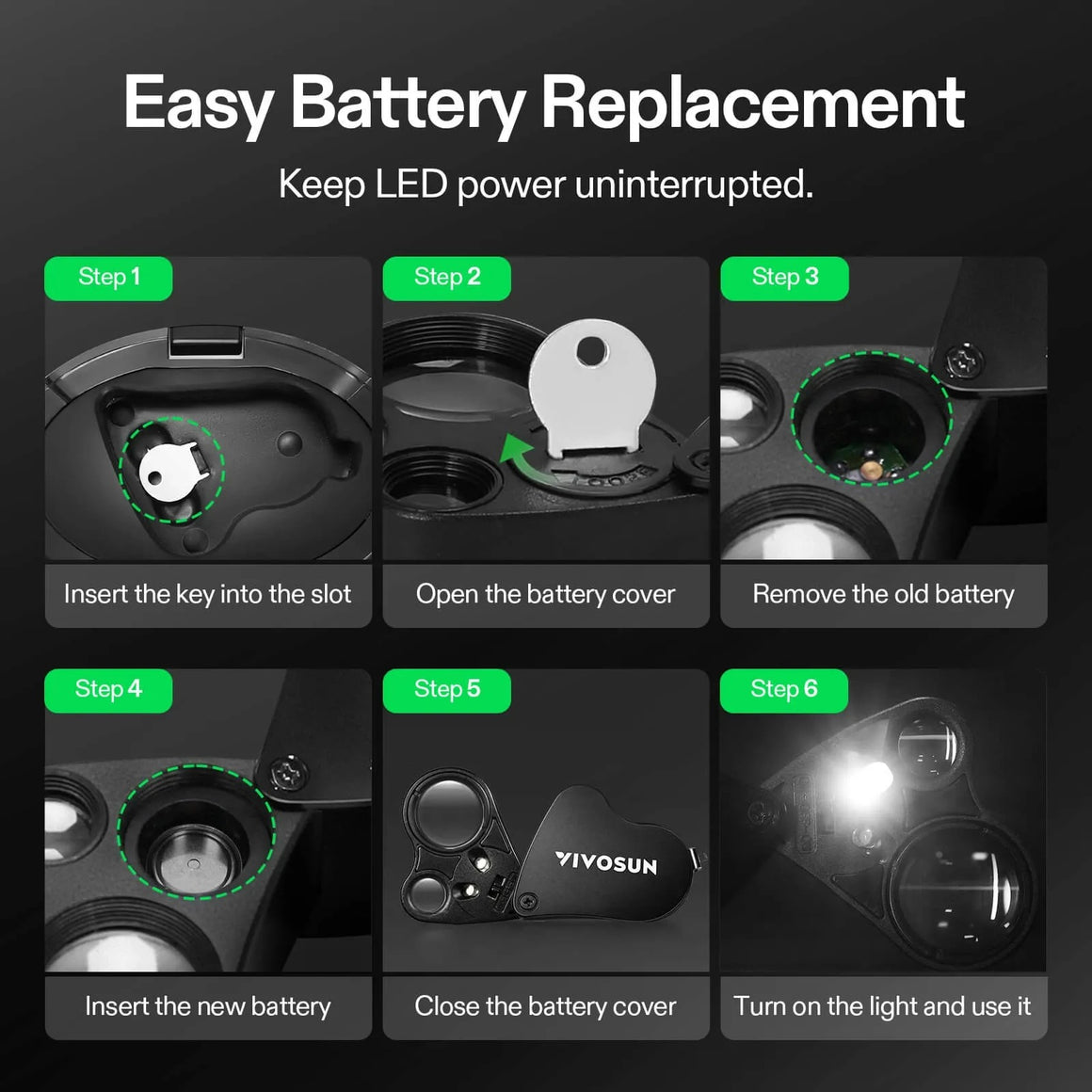 Vivosun magnifier: insert key, open cover, remove old battery, insert new battery, close cover, turn on light.