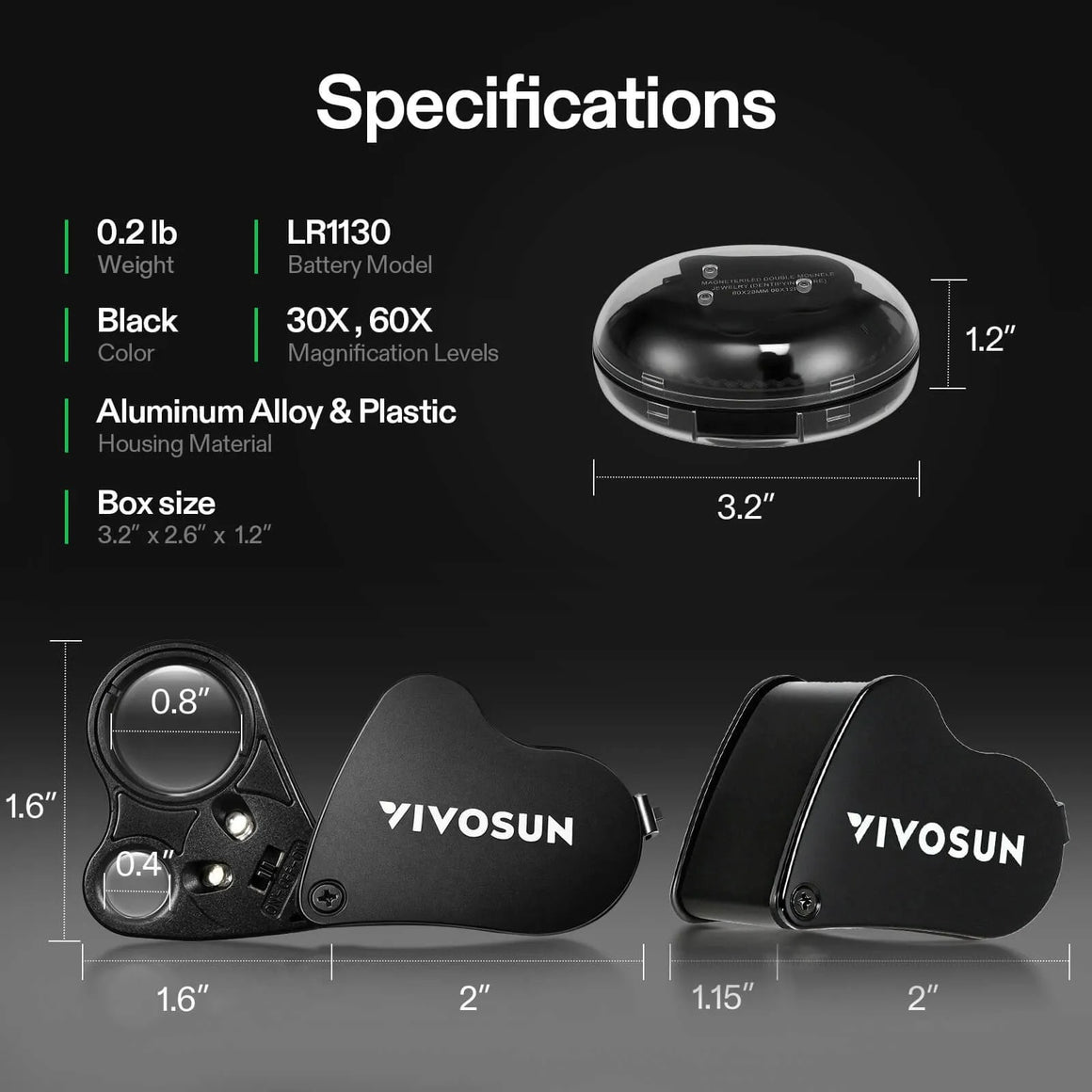VIVOSUN 30X/60X magnifier with LED, black alloy housing, and dimensions.