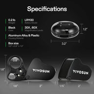 VIVOSUN 30X/60X magnifier with LED, black alloy housing, and dimensions.