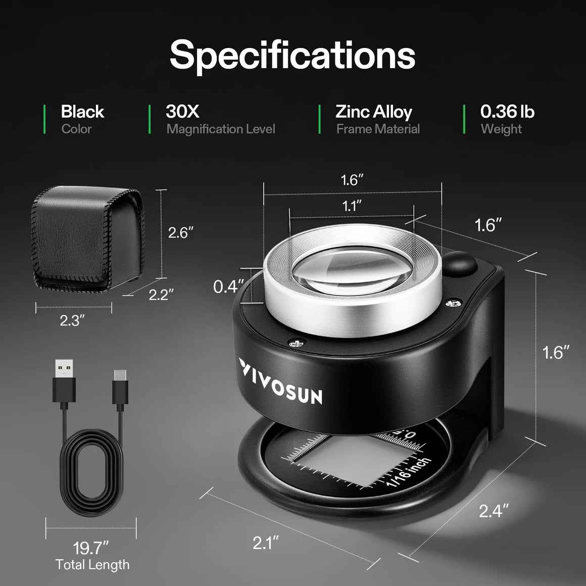 VIVOSUN 30X rechargeable loupe magnifier with zinc alloy frame, measuring 2.6" x 2.3", and 0.36 lb weight.