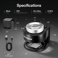 VIVOSUN 30X rechargeable loupe magnifier with zinc alloy frame, measuring 2.6
