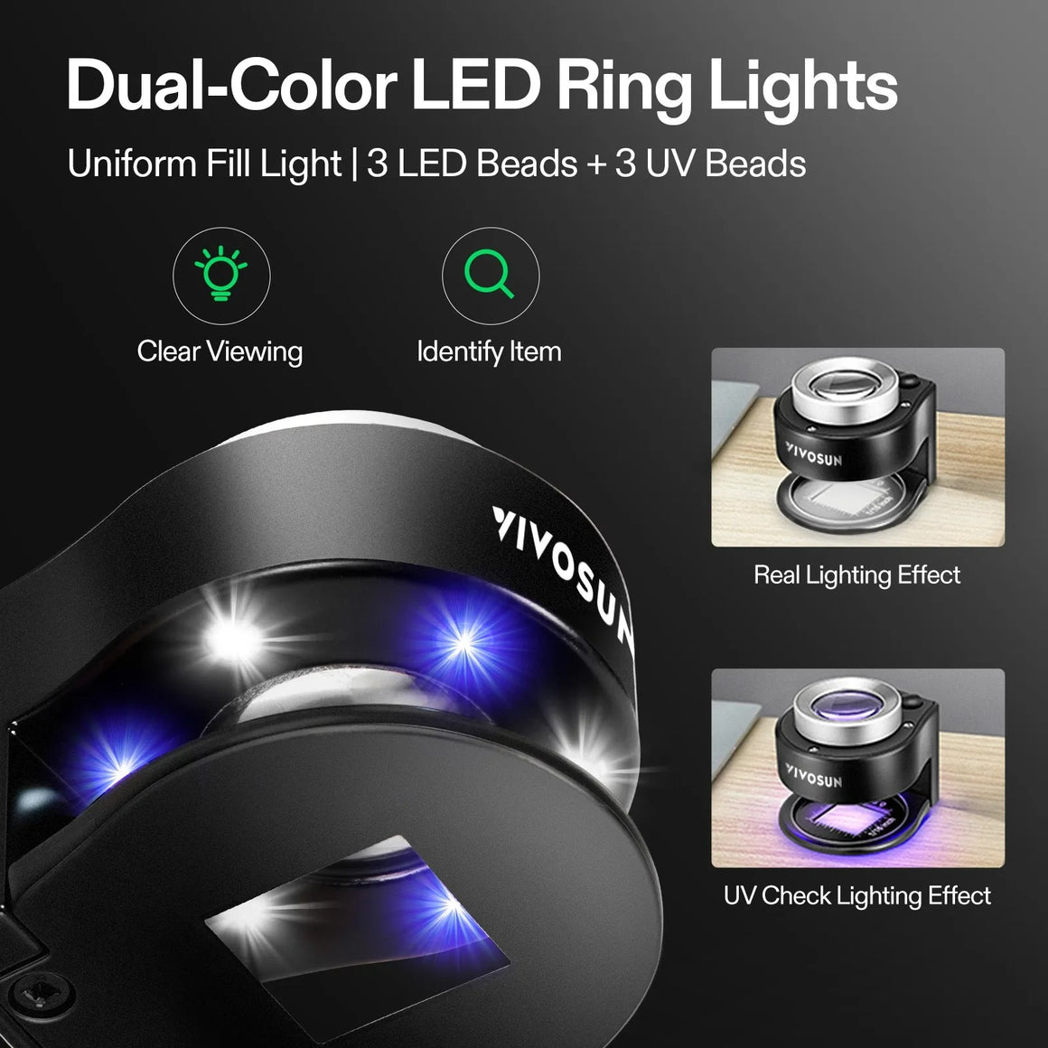 Vivosun 30X magnifier with dual-color LED ring light: white for clear viewing, UV for item checking.