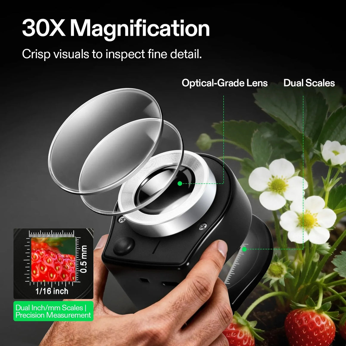 30x rechargeable loupe magnifier with optical-grade lens and dual scales inspecting strawberry detail.