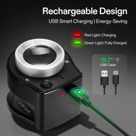 Black rechargeable magnifier with USB charging cable, red charging light, and green fully charged light.