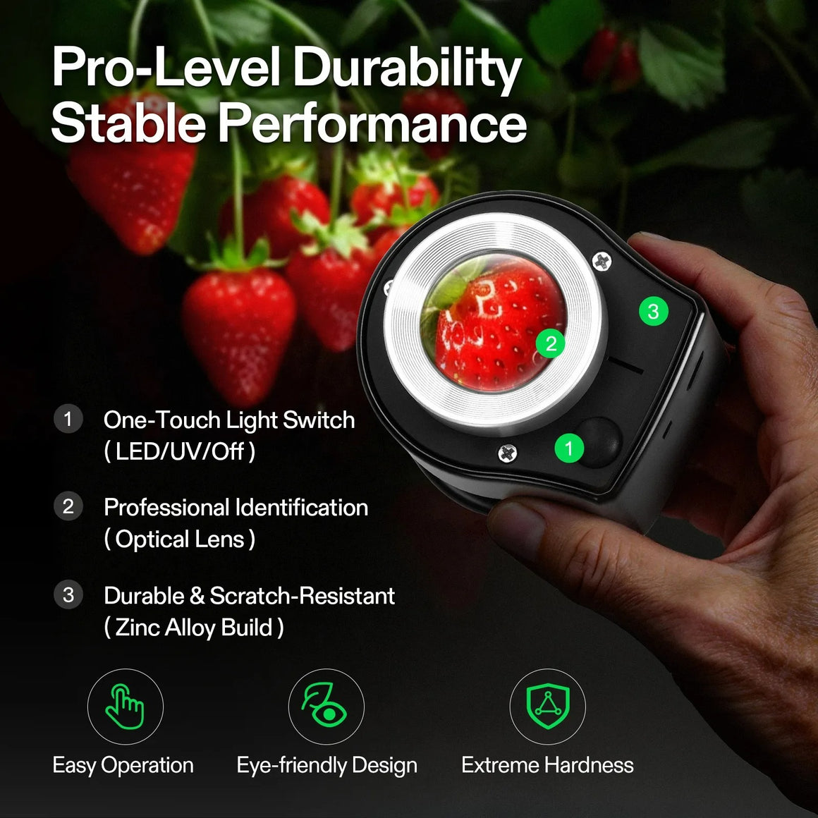 Vivosun 30X magnifier with LED/UV light, optical lens, and durable zinc alloy build, shown with strawberries.