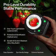 Vivosun 30X magnifier with LED/UV light, optical lens, and durable zinc alloy build, shown with strawberries.