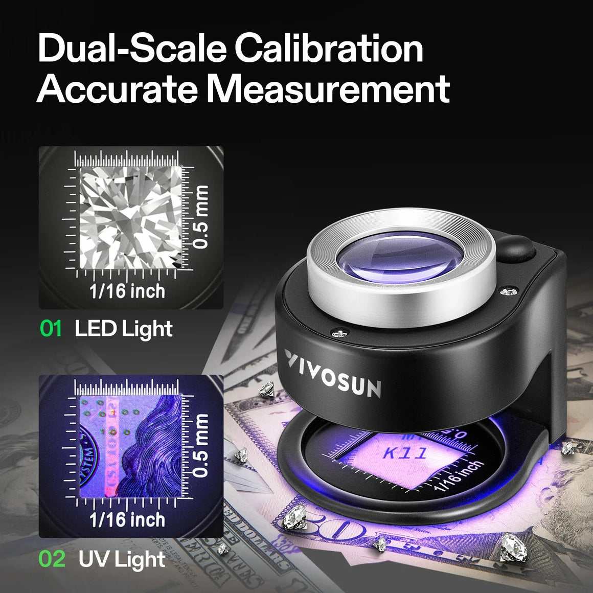 VIVOSUN 30X loupe magnifier with LED and UV light, shows diamond and currency with scale.