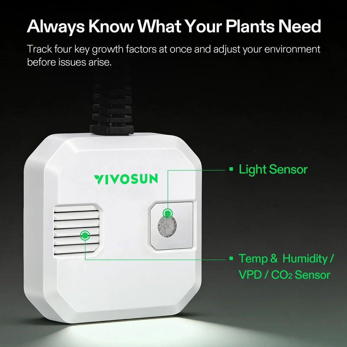 Vivosun 4-in-1 sensor tracks light, temp, humidity, and CO2 for plant growth.