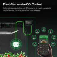 VIVOSUN 4-in-1 sensor in a grow tent, showing CO2, temp, humidity, and pressure on a phone app.