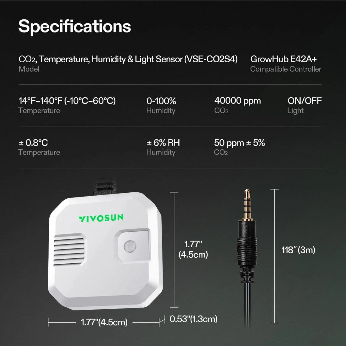 VIVOSUN 4-in-1 CO2 sensor specs with dimensions: 1.77" x 1.77" x 0.53" device & 118" cable.
