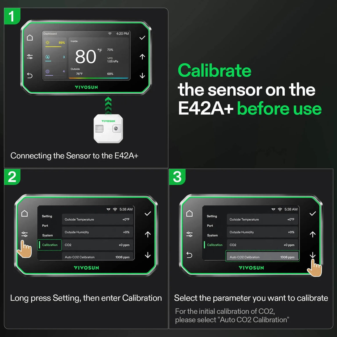 Vivosun E42A+ sensor calibration: Connect sensor, access settings, select Auto CO2 Calibration for initial setup.