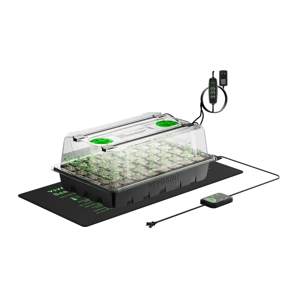 VIVOSUN seedling tray kit with heat mat, dome, and adjustable thermostat, filled with young plants.