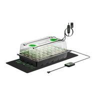 VIVOSUN seedling tray kit with heat mat, dome, and adjustable thermostat, filled with young plants.